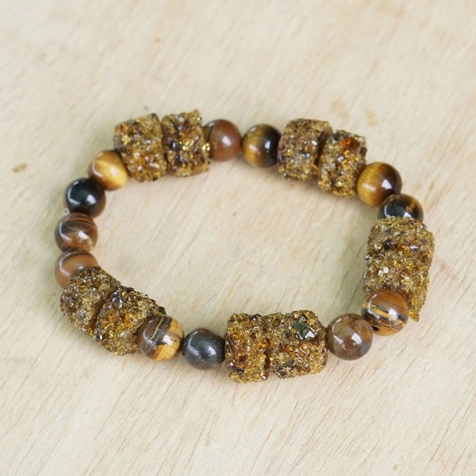 Brown Tiger's Eye and Recycled Glass Beaded Stretch Bracelet 'Earthy Flair'