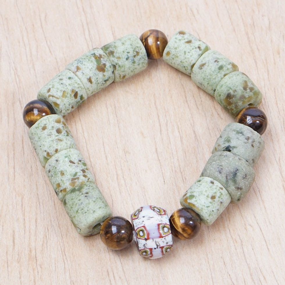Green Recycled Glass and Tiger's Eye Beaded Bracelet 'Green Courage'