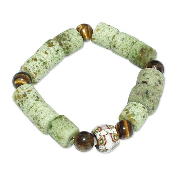 Alternate image for Green Recycled Glass and Tigers Eye Beaded Bracelet Green Courage