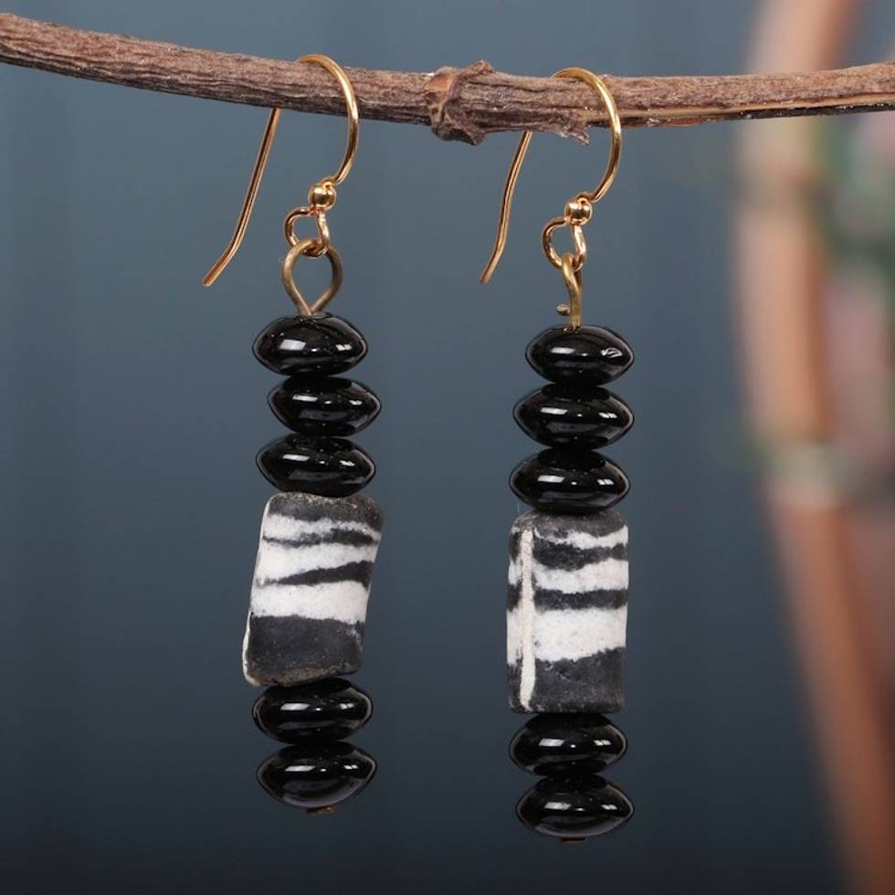 Eco-Friendly Black Recycled Glass Beaded Dangle Earrings 'Black Gyidi'
