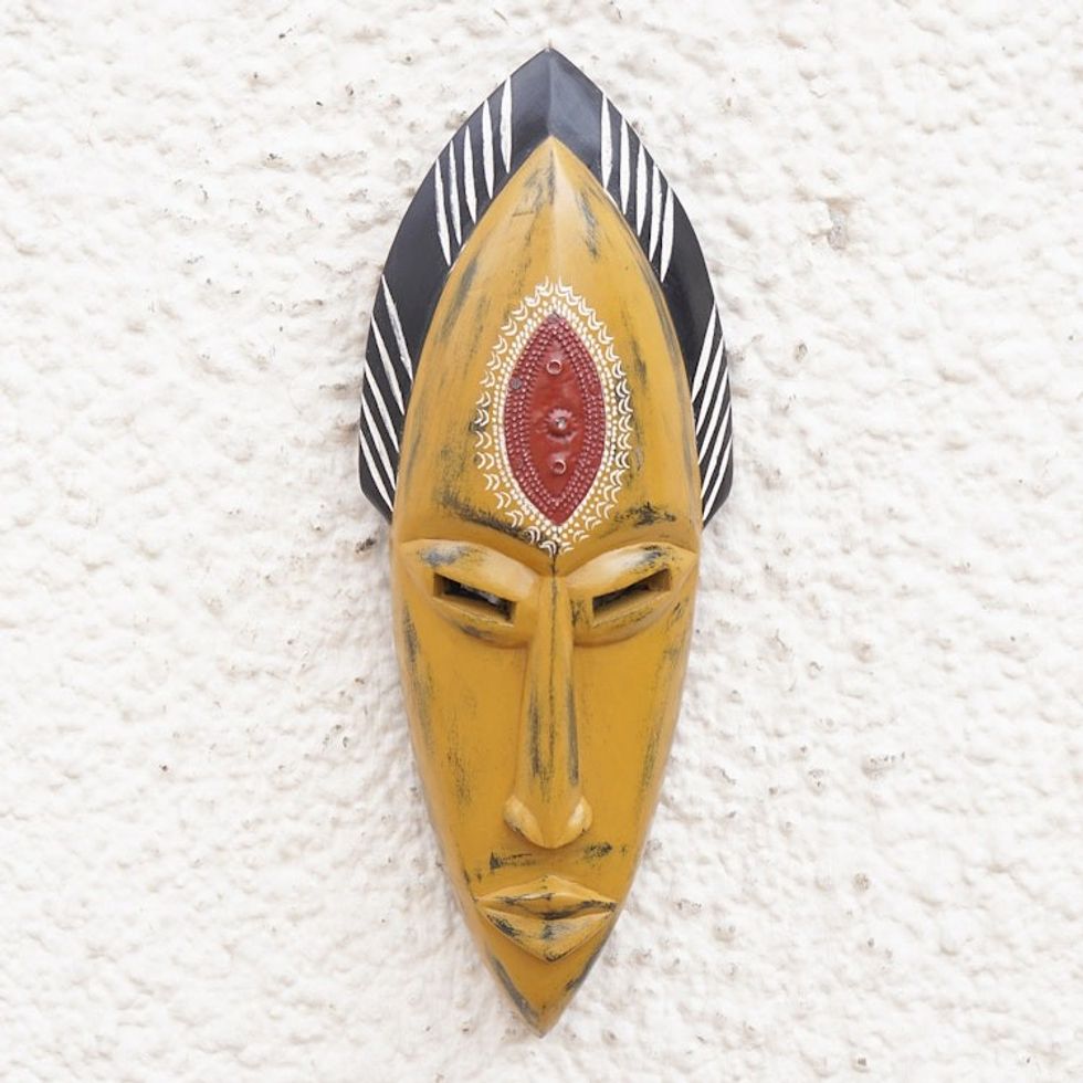 Handcrafted Yellow Sese Wood Mask with Aluminum Accents 'Yellow Beauty'