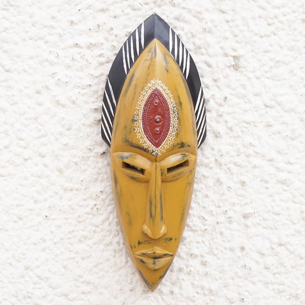 Handcrafted Yellow Sese Wood Mask with Aluminum Accents 'Yellow Beauty'