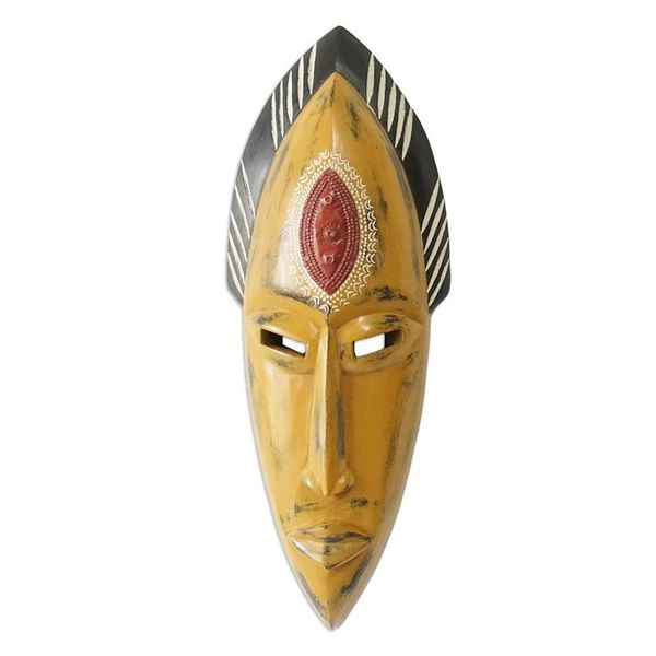 Alternate image for Handcrafted Yellow Sese Wood Mask with Aluminum Accents Yellow Beauty