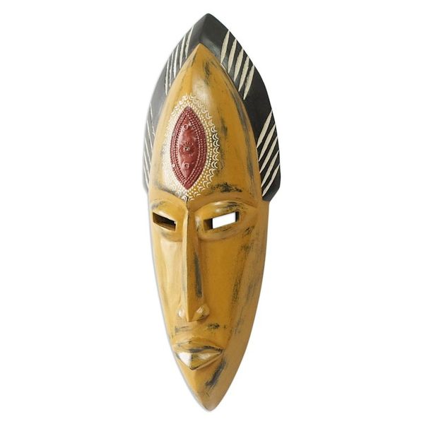 Alternate image for Handcrafted Yellow Sese Wood Mask with Aluminum Accents Yellow Beauty