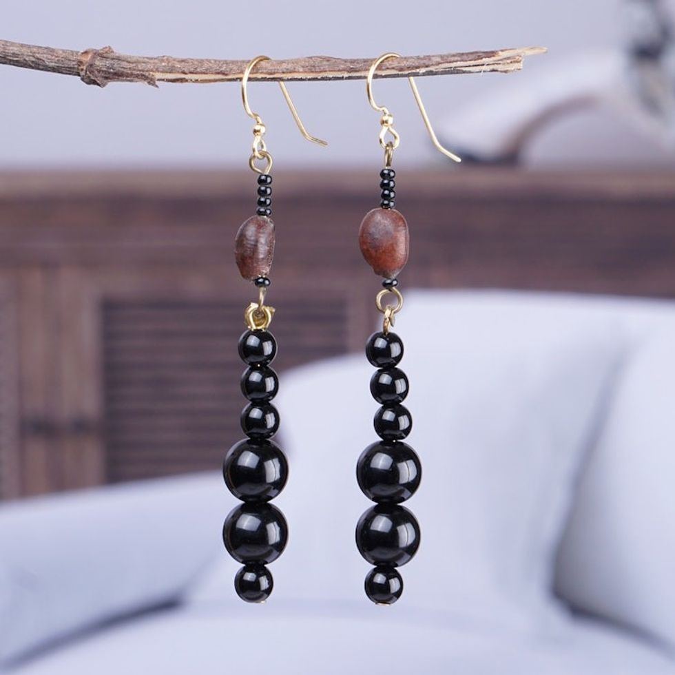 Black and Brown Plastic and Glass Beaded Dangle Earrings 'Twilight Dame'