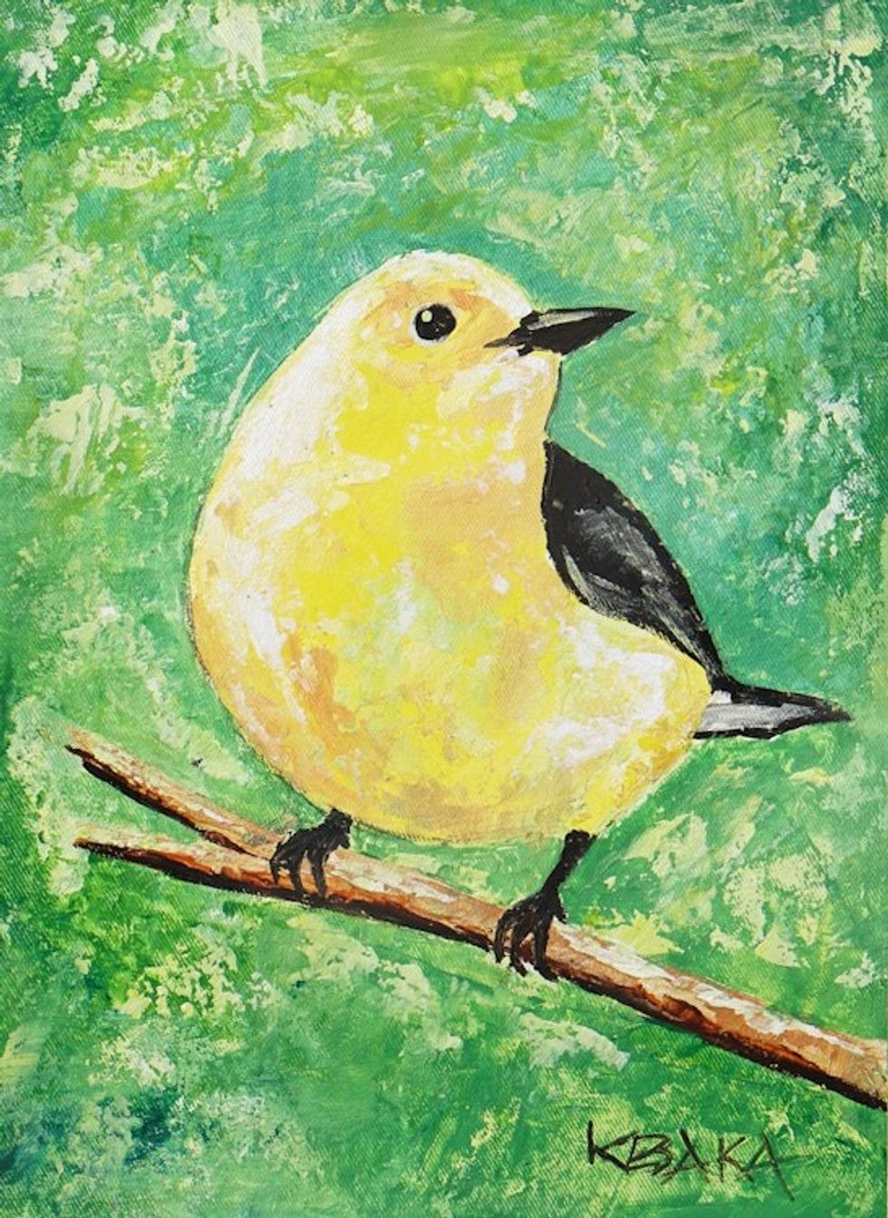 Acrylic Impressionist Bird Painting in Yellow and Green Hues 'Warbler'