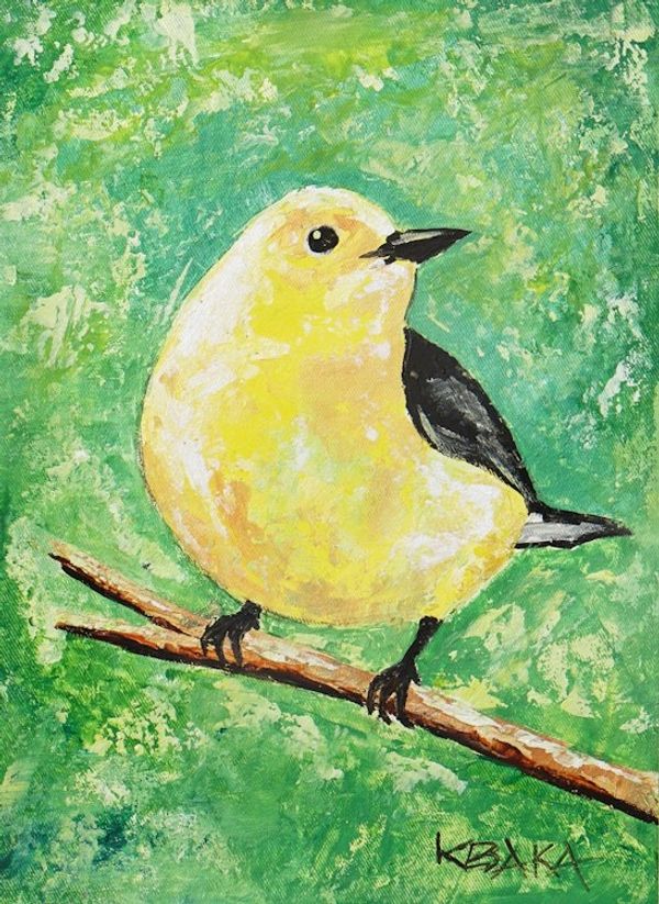 Alternate image for Acrylic Impressionist Bird Painting in Yellow and Green Hues Warbler