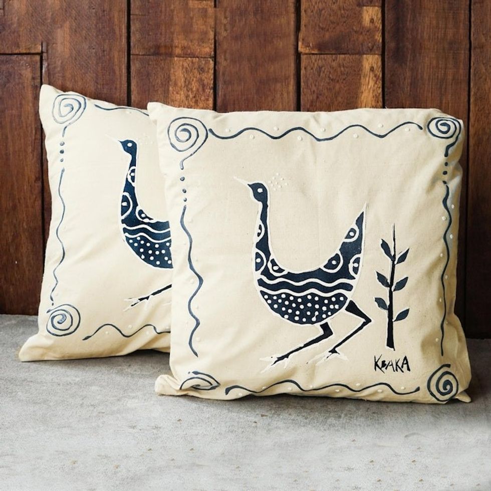Hand-Painted Calico Cotton Cushion Covers Pair 'Strutting'