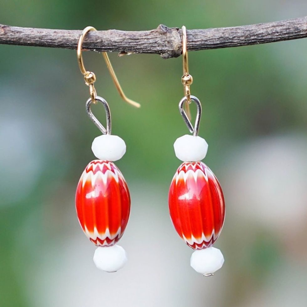 Handmade Red and White Recycled Glass Beaded Dangle Earrings 'Delightful Red'