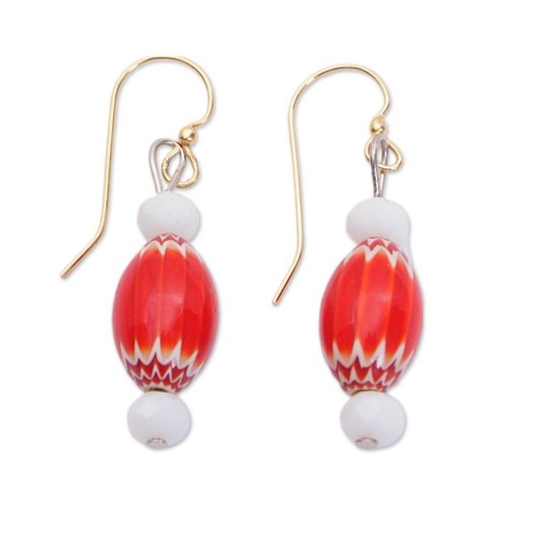 Alternate image for Handmade Red and White Recycled Glass Beaded Dangle Earrings Delightful Red