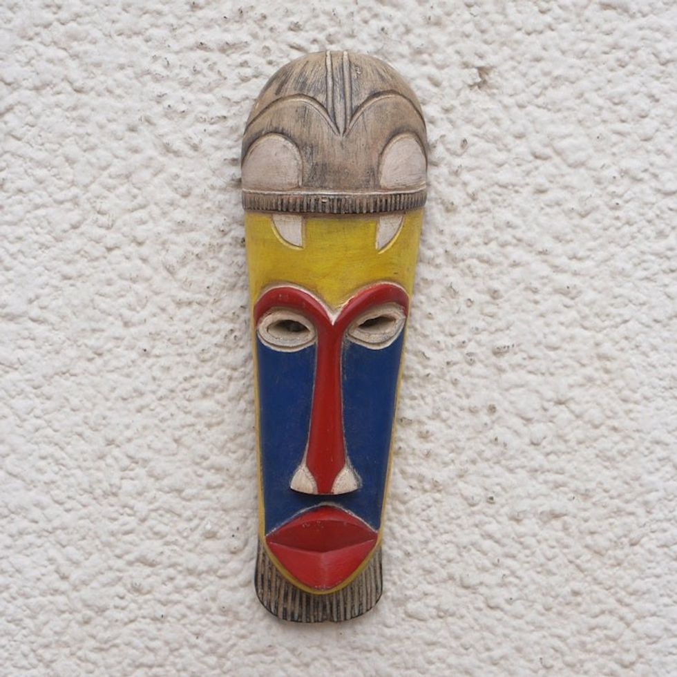 Handcrafted Blue, Red and Yellow African Sese Wood Mask 'Sankori'