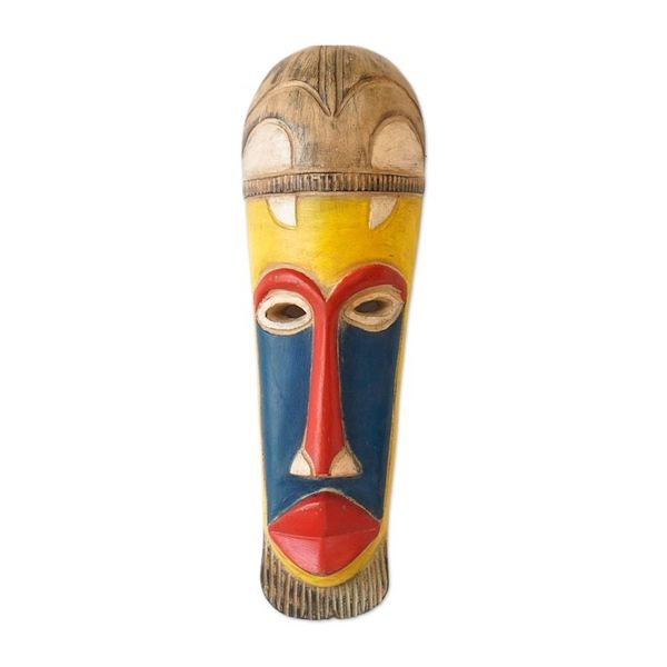 Alternate image for Handcrafted Blue, Red and Yellow African Sese Wood Mask Sankori