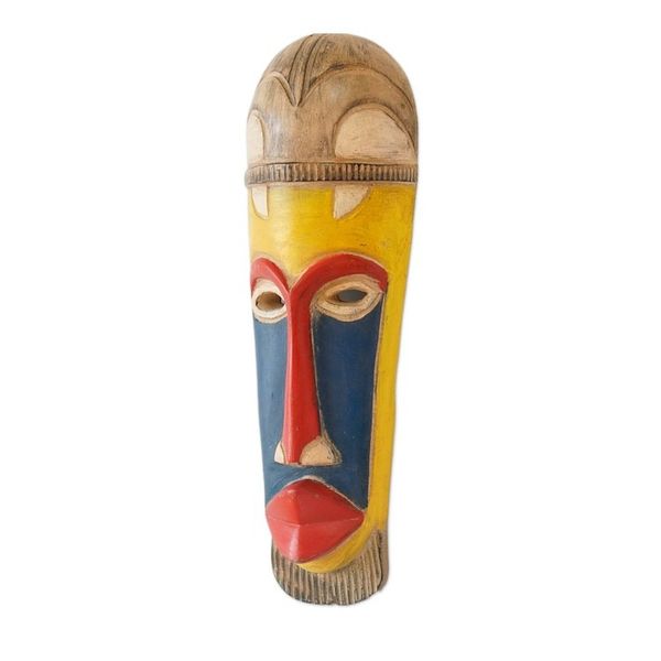 Alternate image for Handcrafted Blue, Red and Yellow African Sese Wood Mask Sankori