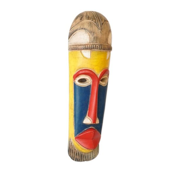 Alternate image for Handcrafted Blue, Red and Yellow African Sese Wood Mask Sankori