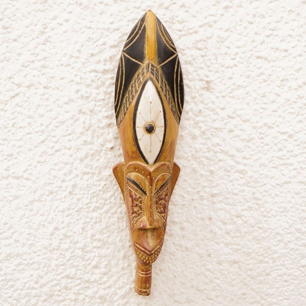 Hand-Painted African Sese Wood Mask with Brass and Aluminum 'Amahle'