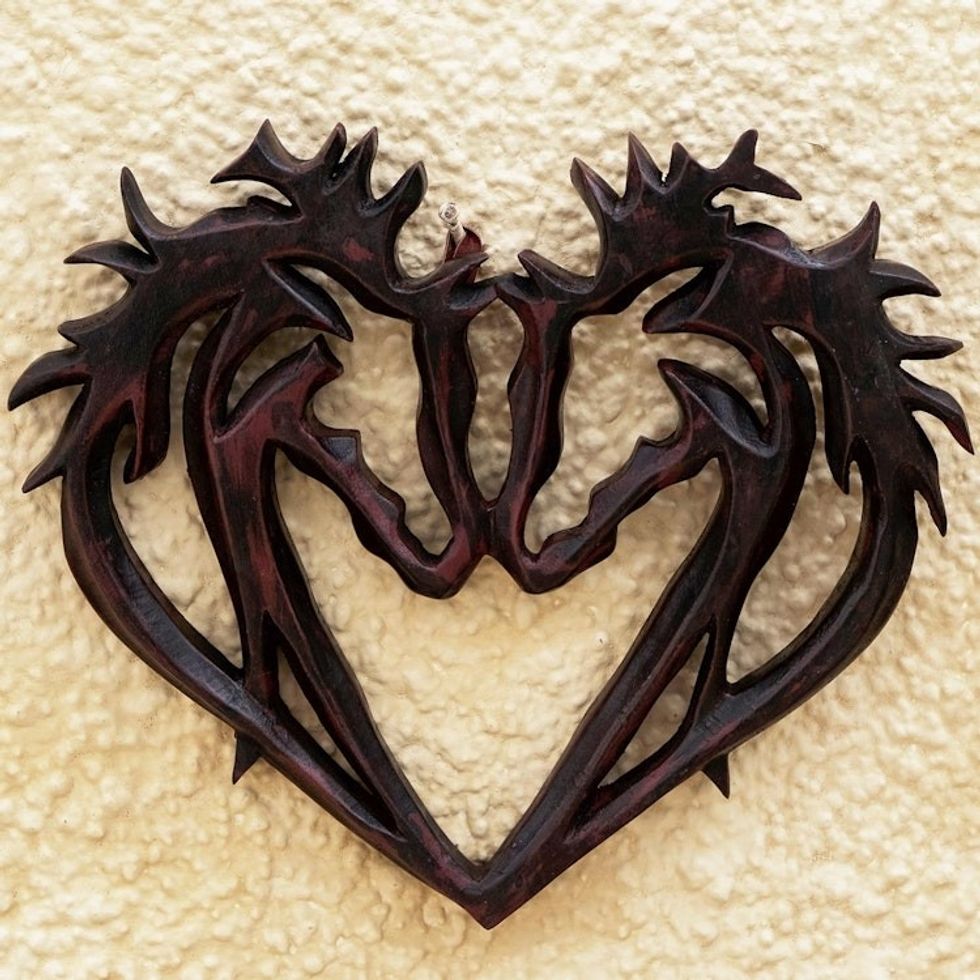Hand Carved Heart-Motif Sese Wood Relief Panel 'Sweet Love'