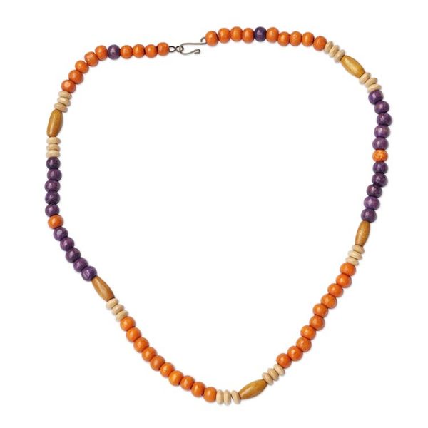 Alternate image for Orange and Purple Sese Wood Beaded Necklace from Ghana Vibrant Bohemian