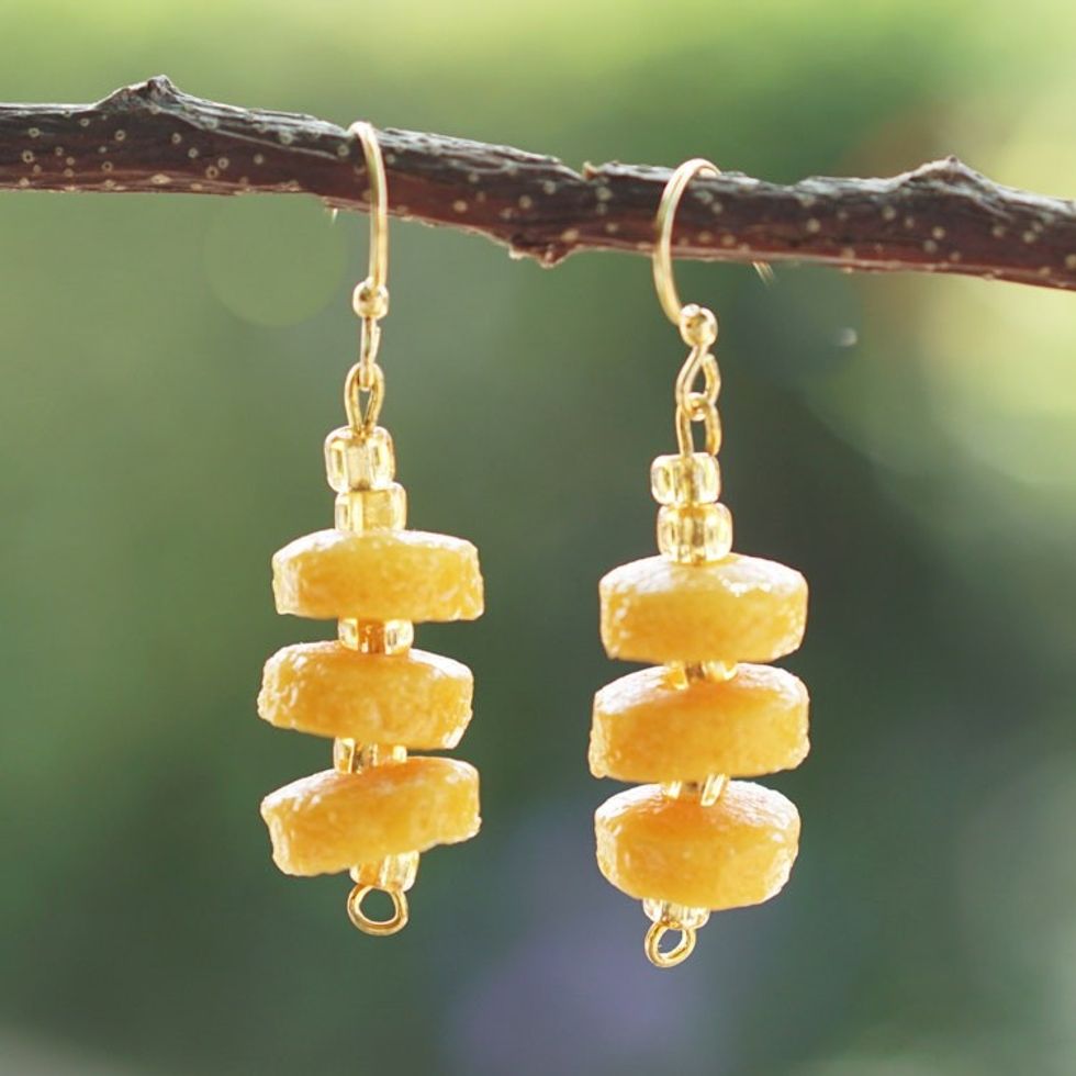 Yellow Recycled Glass Beaded Dangle Earrings from Ghana 'Sunshine Maiden'