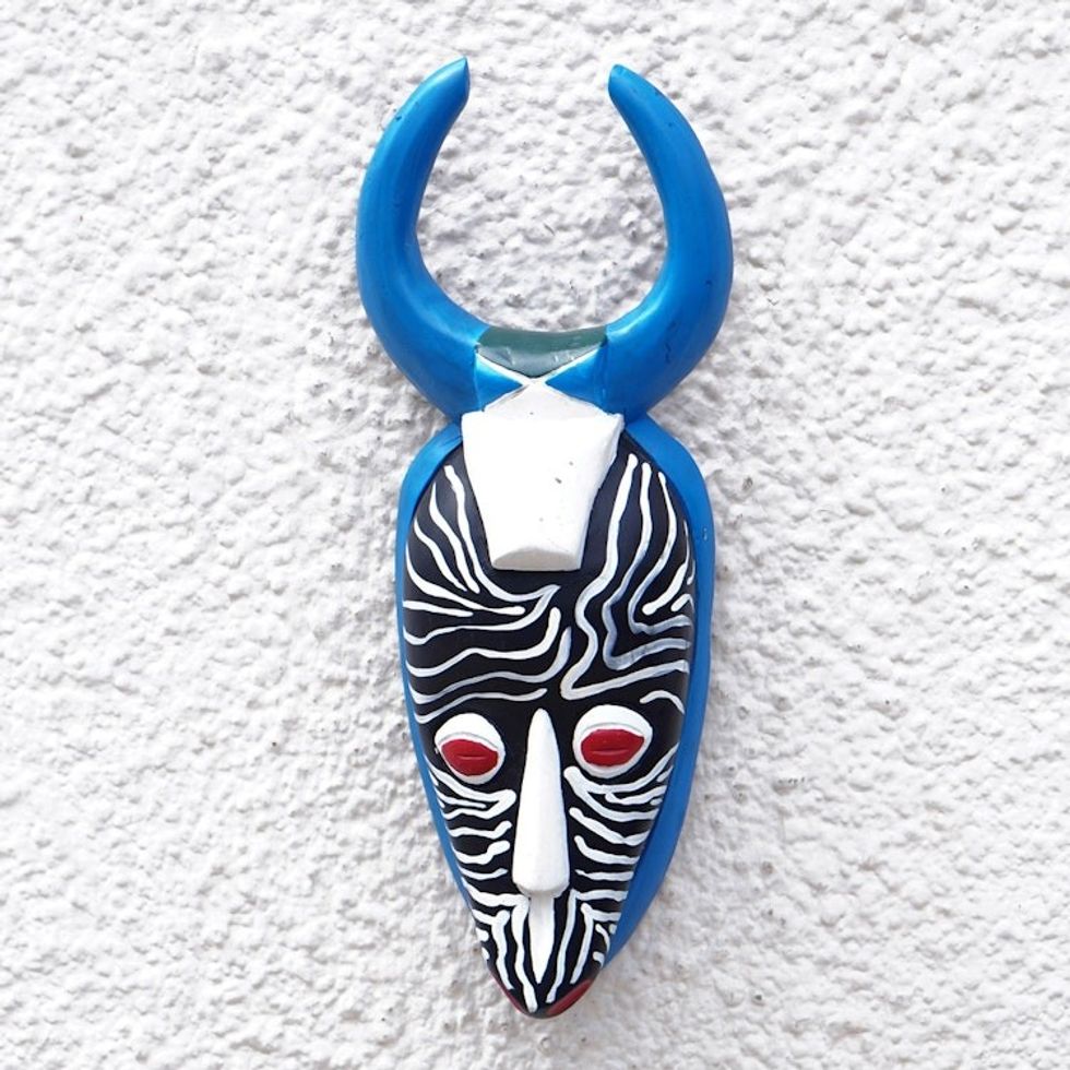 Baule Warrior from Cote d'Ivoire Hand-Painted Wood Mask 'Horn Warrior'