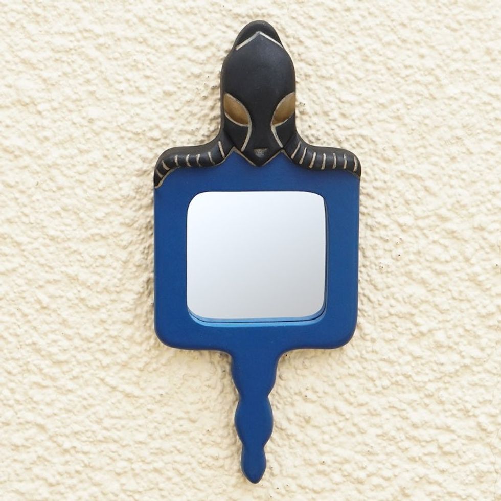 Blue Ofram Wood Wall Mirror 'Queen Amina'