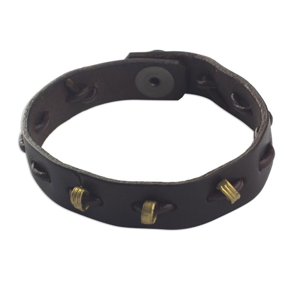 Brown Leather and Brass Wristband Bracelet 'Run Along in Brown'