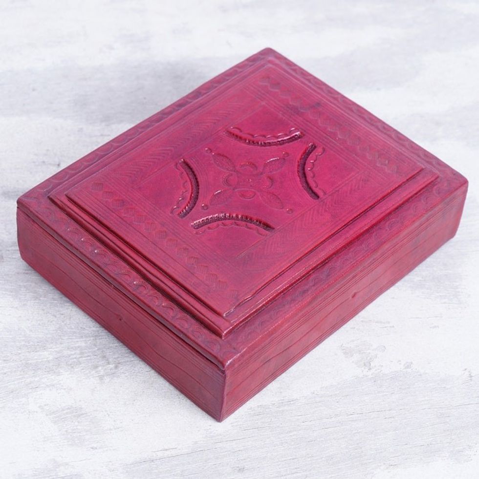 Handcrafted Red Leather and Sese Wood Jewelry Box from Ghana 'Passionate Secret'