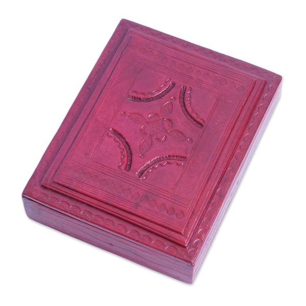 Alternate image for Handcrafted Red Leather and Sese Wood Jewelry Box from Ghana Passionate Secret