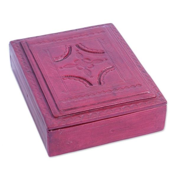 Alternate image for Handcrafted Red Leather and Sese Wood Jewelry Box from Ghana Passionate Secret