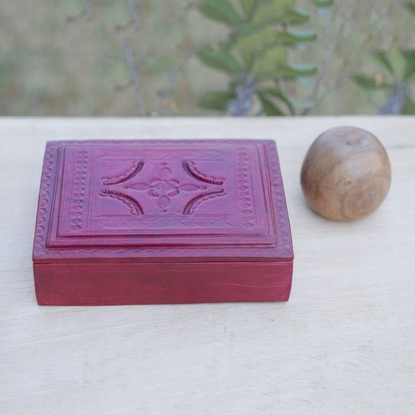 Alternate image for Handcrafted Red Leather and Sese Wood Jewelry Box from Ghana Passionate Secret