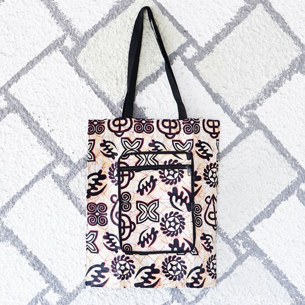 Adinkra-Patterned Self-Storing Cotton Tote Bag from Ghana 'Adinkra Essential'