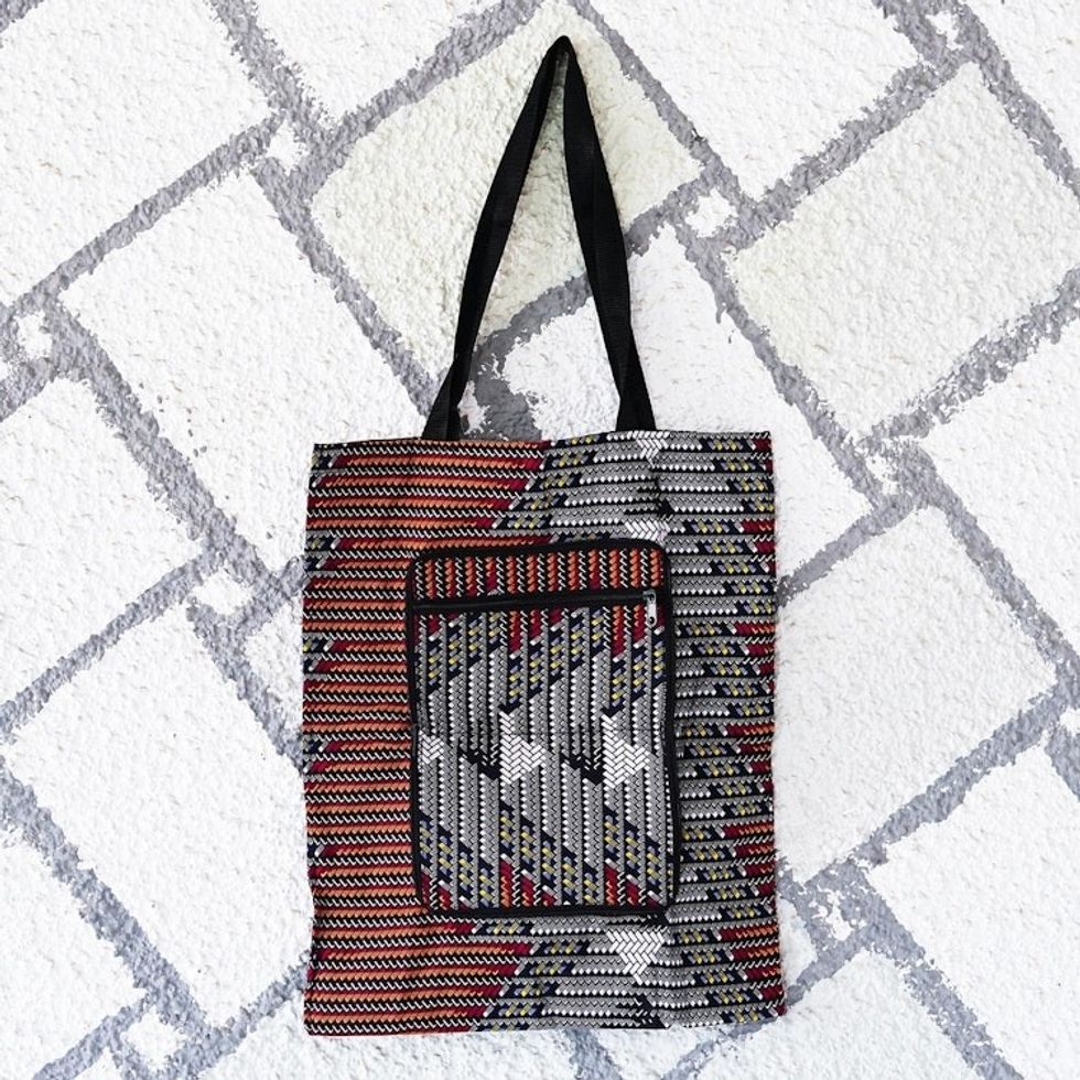 Multicolor Patterned Self-Storing Cotton Tote Bag from Ghana 'Vibrant Basis'