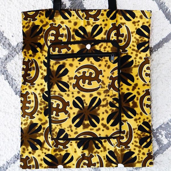 Alternate image for Black and Brown Adinkra-Themed Self-Storing Cotton Tote Bag Adinkra Essence