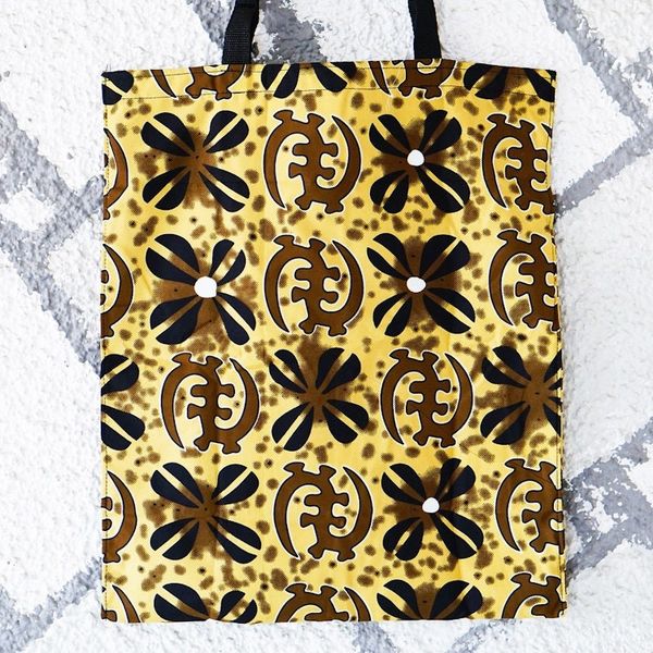 Alternate image for Black and Brown Adinkra-Themed Self-Storing Cotton Tote Bag Adinkra Essence