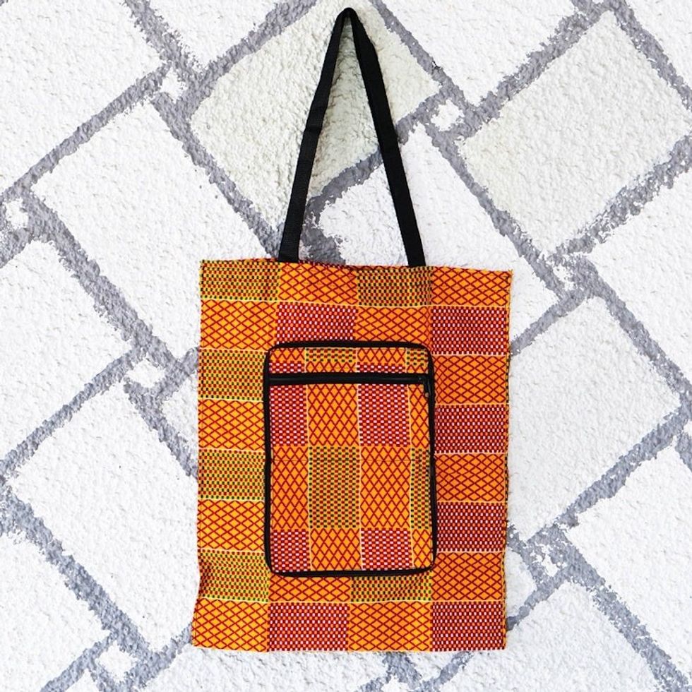 Kente-Themed Yellow and Red Self-Storing Cotton Tote Bag 'Kente Sunshine'