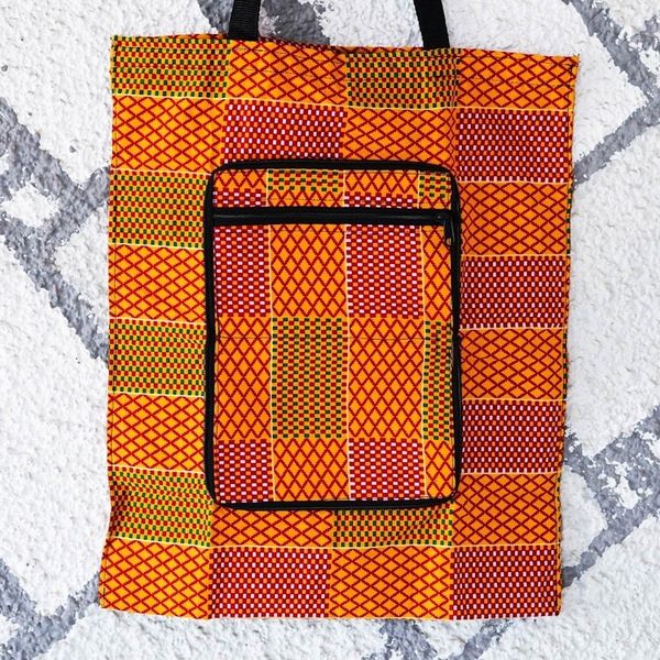 Alternate image for Kente-Themed Yellow and Red Self-Storing Cotton Tote Bag Kente Sunshine