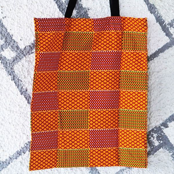 Alternate image for Kente-Themed Yellow and Red Self-Storing Cotton Tote Bag Kente Sunshine