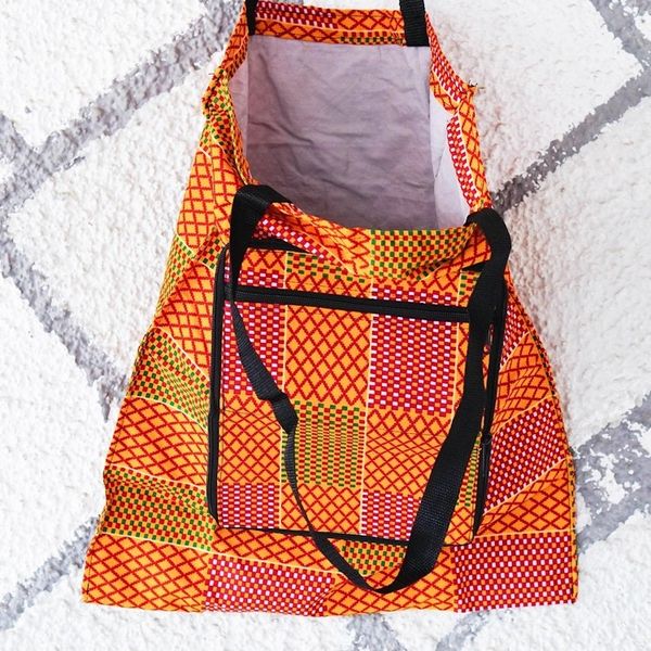 Alternate image for Kente-Themed Yellow and Red Self-Storing Cotton Tote Bag Kente Sunshine