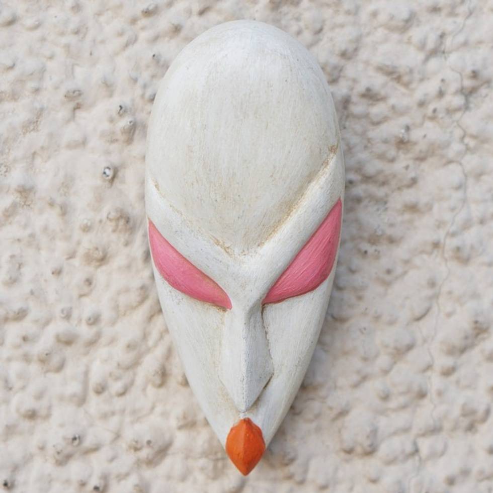Hand-Painted White and Pink Queen Pokou African Mask 'Queen Pokou'