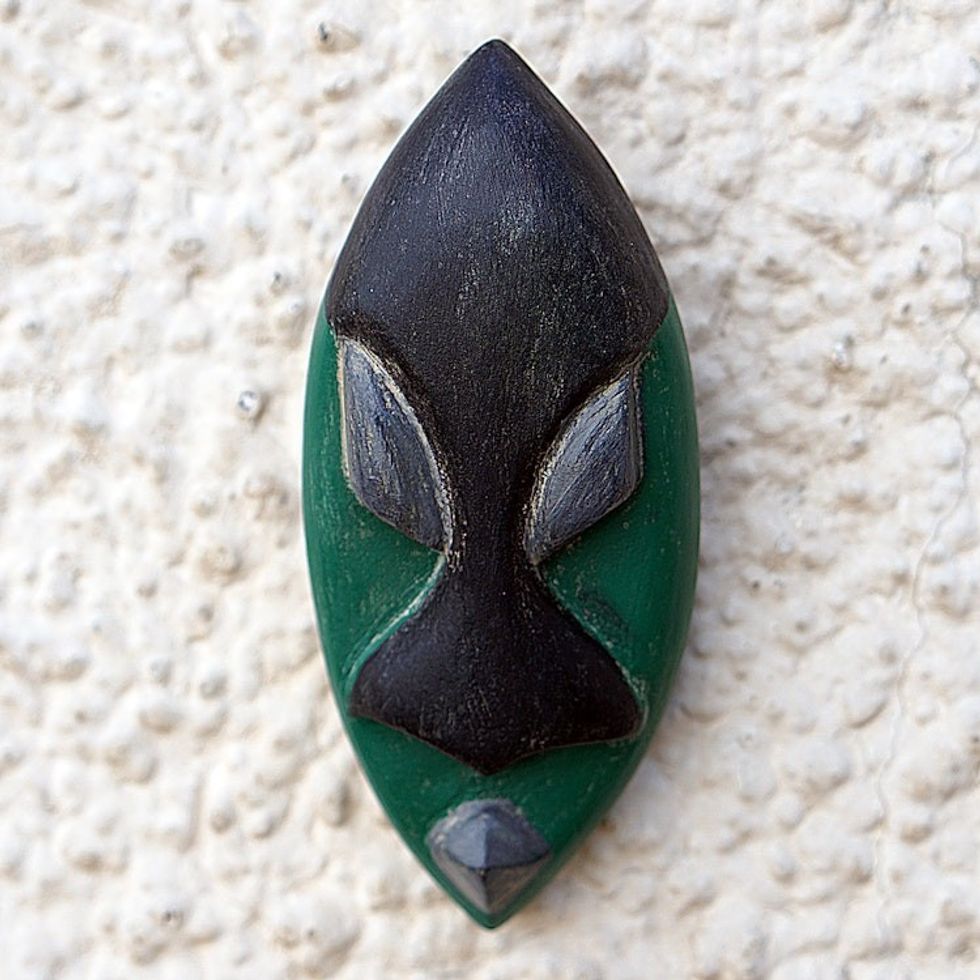 Hand-Painted Green and Black Queen Ahebi Ugbabe African Mask 'Queen Ahebi Ugbabe'