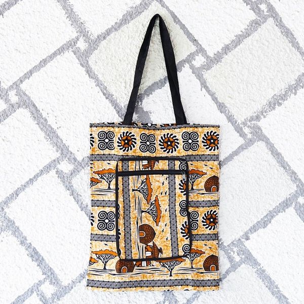 Alternate image for Folk Art-Patterned Self-Storing Cotton Tote Bag with Zipper Village Day