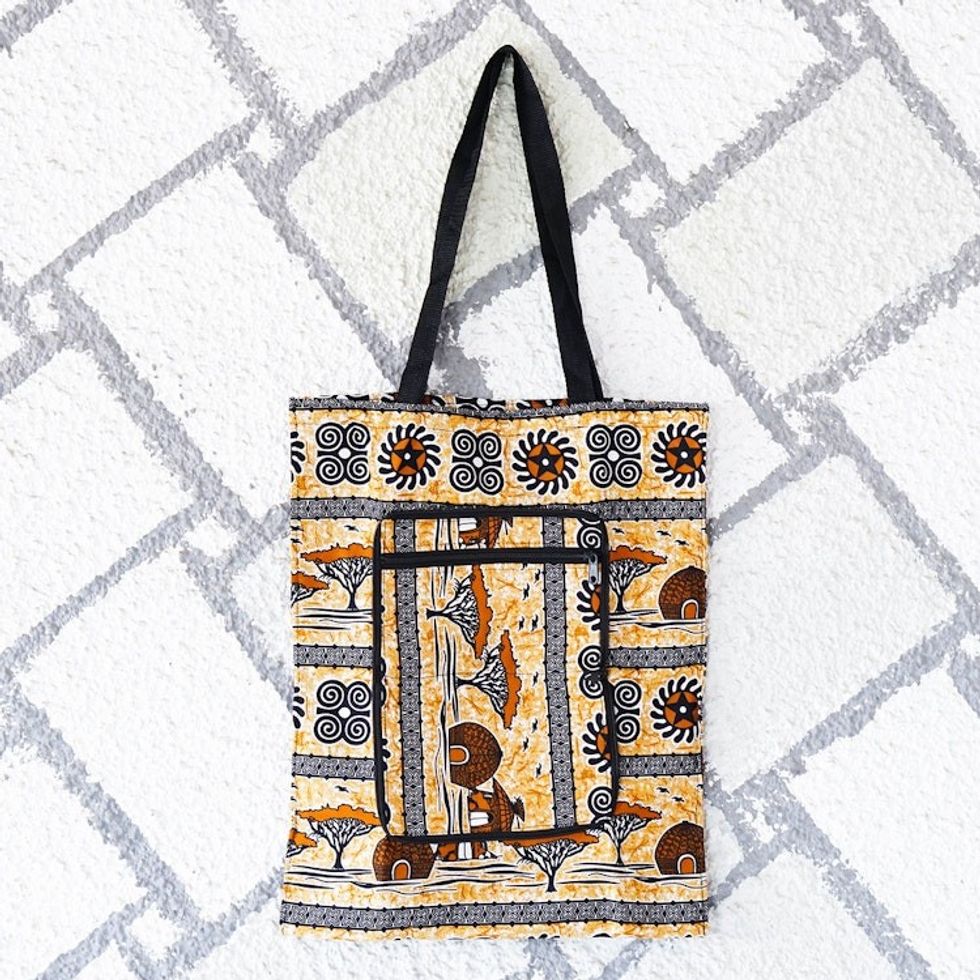 Folk Art-Patterned Self-Storing Cotton Tote Bag with Zipper 'Village Day'