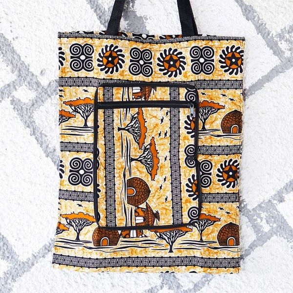 Alternate image for Folk Art-Patterned Self-Storing Cotton Tote Bag with Zipper Village Day