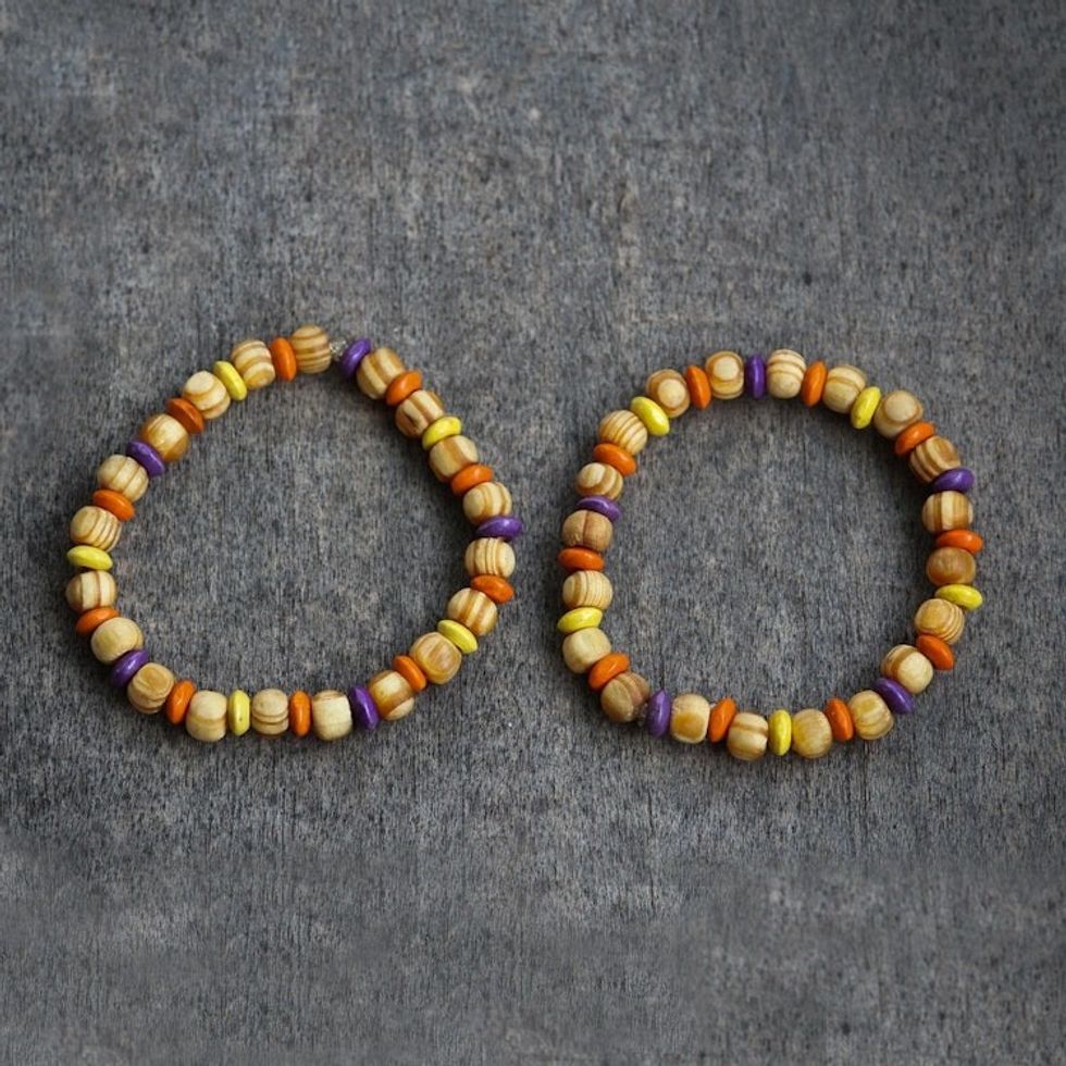 Colorful Sese Wood Beaded Stretch Bracelet from Ghana 'Colors of Romance'