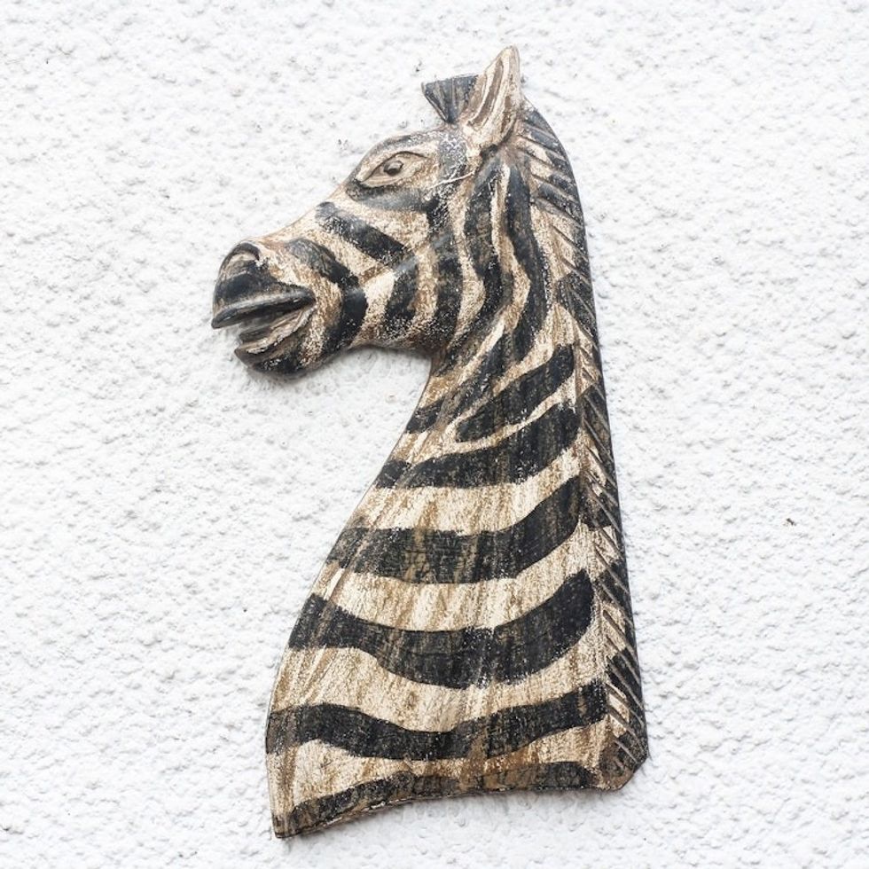 Rustic Sese Wood Zebra Wall Sculpture from Ghana 'Zebra Profile'
