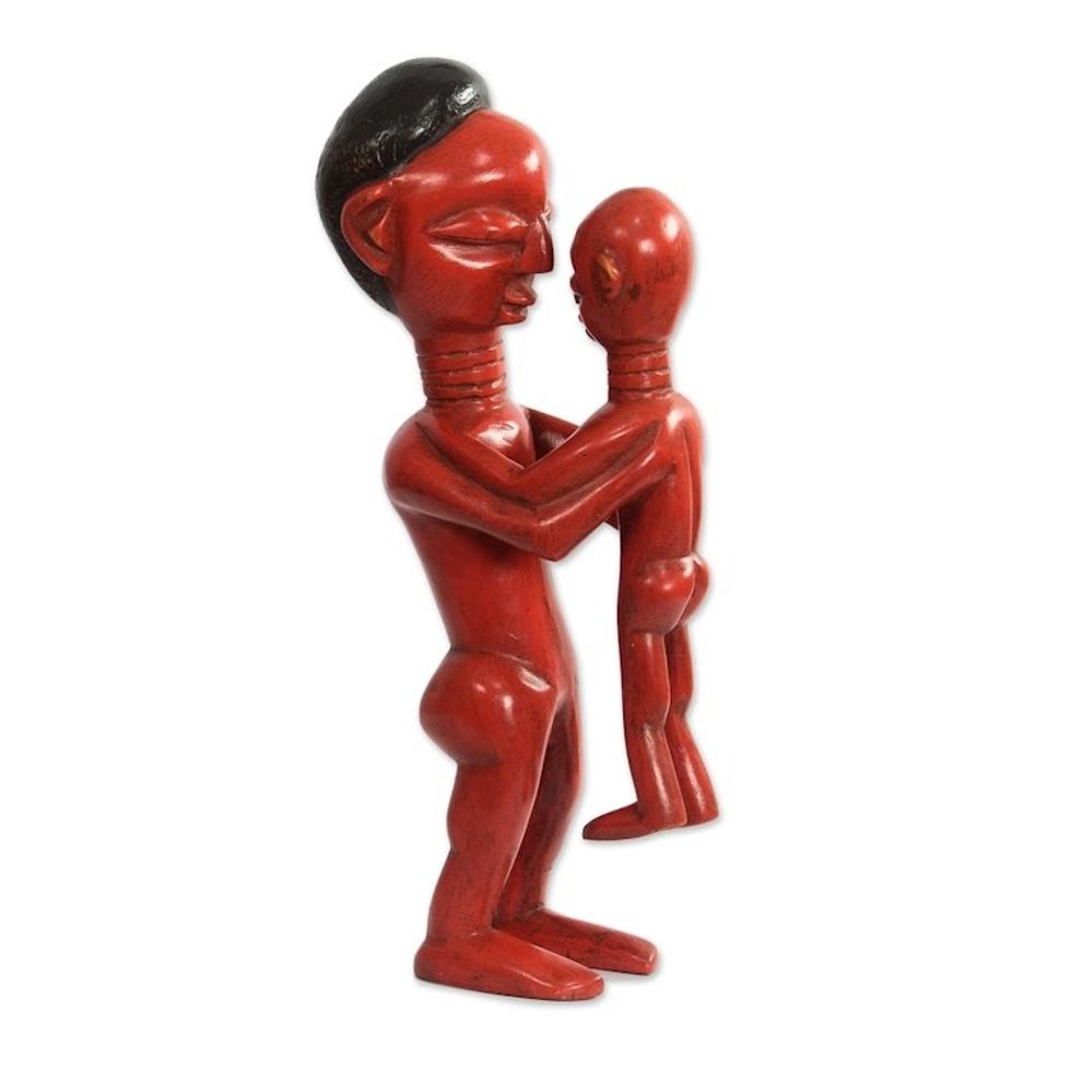 Sese Wood Father and Child Sculpture in Red from Ghana 'Good Father'