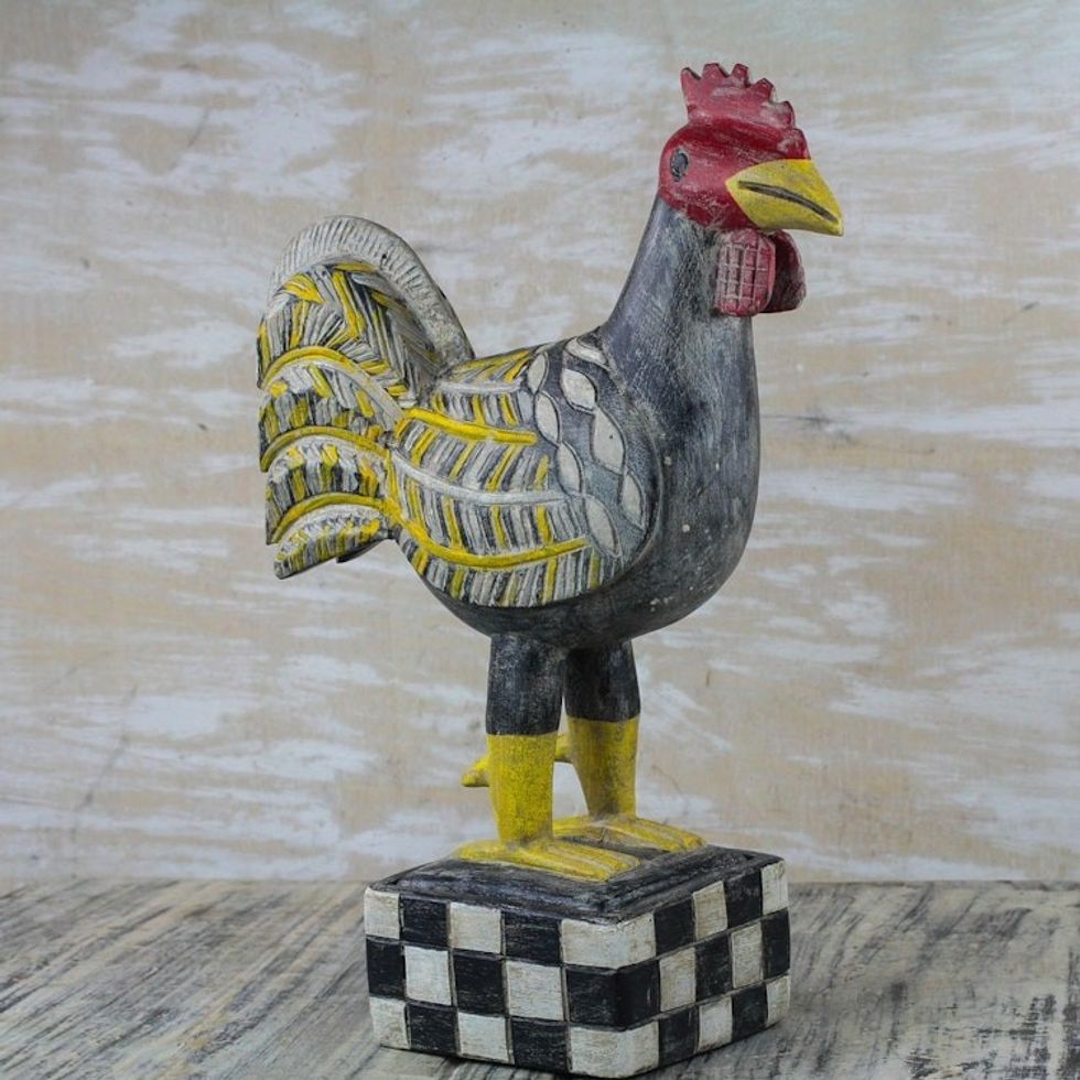 Multi-Color Wood Decorative Box with Rooster Sculpture Lid 'Watchful Rooster'