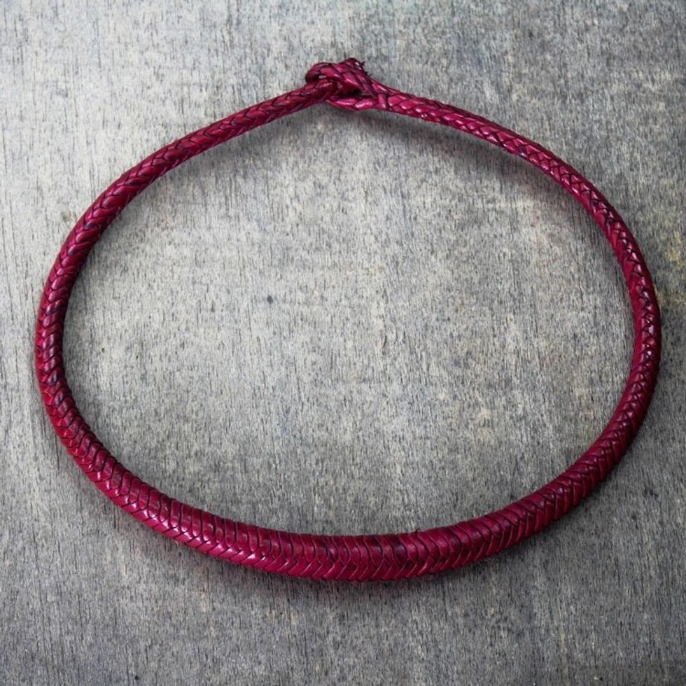 Braided Leather Necklace in Magenta from Ghana 'Mpusia in Magenta'