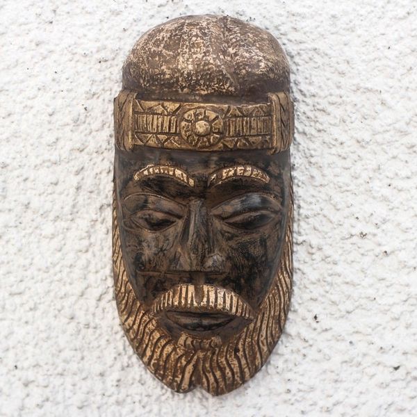 Alternate image for Brown and Gold-Tone African Wood Mask from Ghana Bearded Nii Amugi
