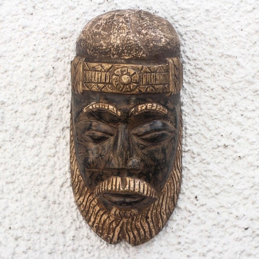 Brown and Gold-Tone African Wood Mask from Ghana 'Bearded Nii Amugi'