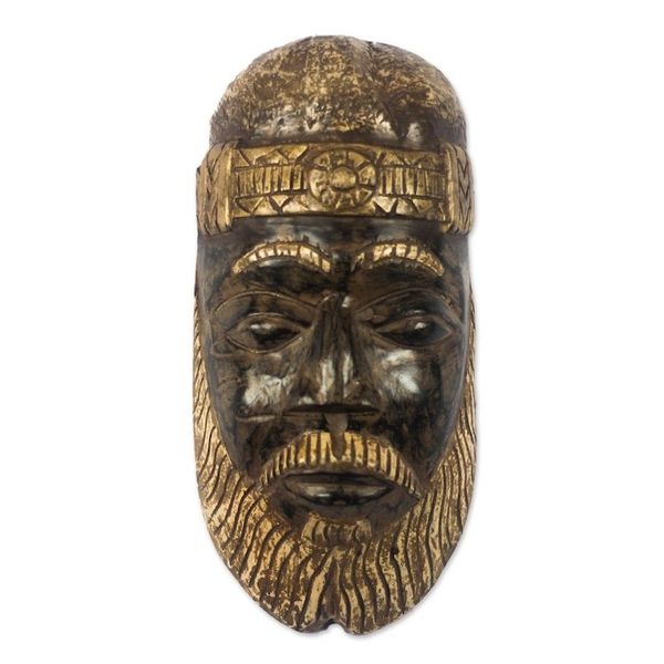 Alternate image for Brown and Gold-Tone African Wood Mask from Ghana Bearded Nii Amugi